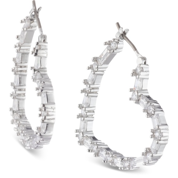 GIVENCHY Silver Pave Baguette CZ Crystal Heart Shaped Hoop Hook Earrings - Picture 4 of 11